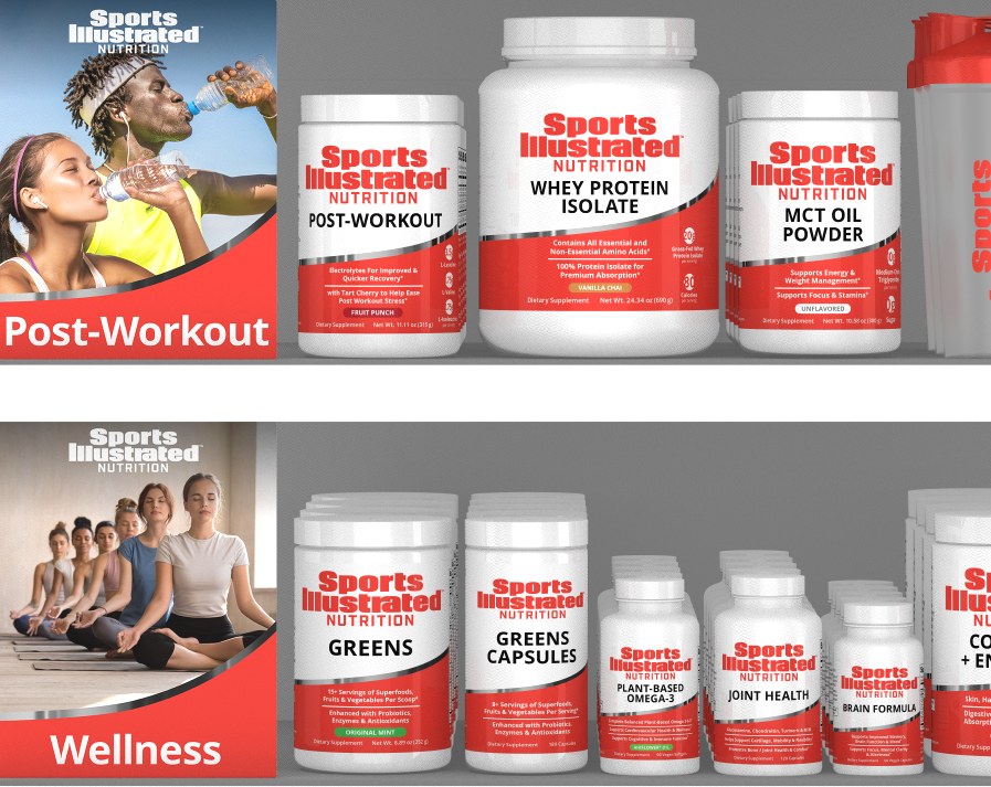 Sports Illustrated Nutrition retail gondola display with category signage and product lineup